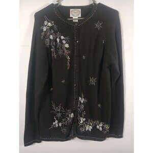 Vintage Stitches In Time Cardigan Women’s medium Black blue Embroidered Sweater